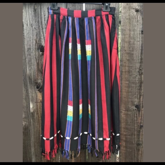 VTG Boho Hippie Peasant Tribal Stripe Fringe Skirt - Picture 2 of 8